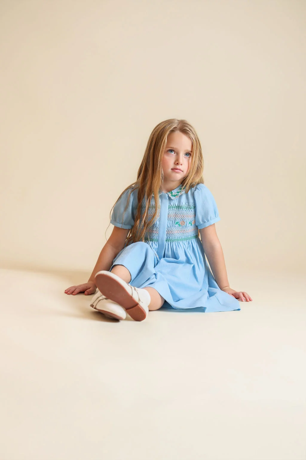 Embroidered Textured Smock Detail Dress - Image 3